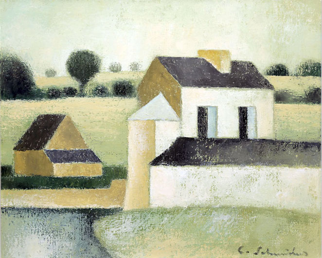 Carl Schneiders, Häuser in der Landschaft, Öl auf Leinwand um 1960