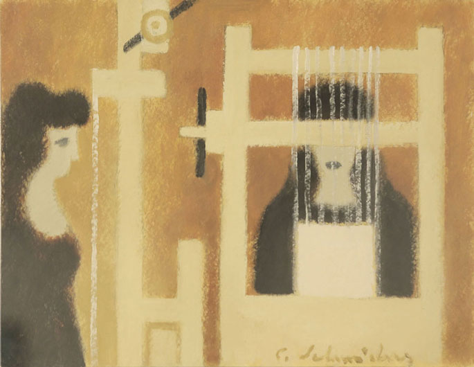 Carl Schneiders, Mädchen am Webstuhl, Gouache ca. 24 x 34 cm um 1960