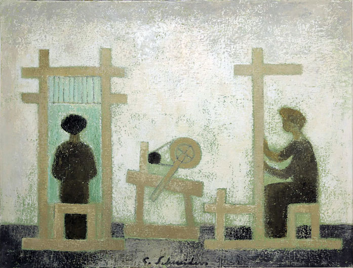 Carl Schneiders, Mädchen am Webstuhl, Öl auf Leinwand ca. 60 x 80 cm 1955