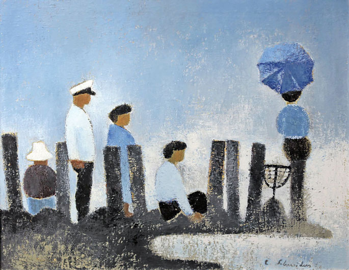 Carl Schneiders, Menschen auf Wellenbrecher, Öl auf Leinwand, ca. 70 x 90 cm um 1965